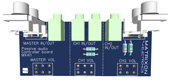 Audio Splitter with volume control Passive Audio Controller Board Gerber Files PCB layout showing master, CH1 and CH2 volume controls