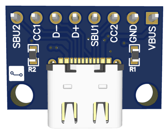 USB Type-C breakout board top view showing Type-C connector and labeled header pins