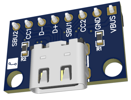 USB Type-C receptacle close-up on breakout board for prototyping applications