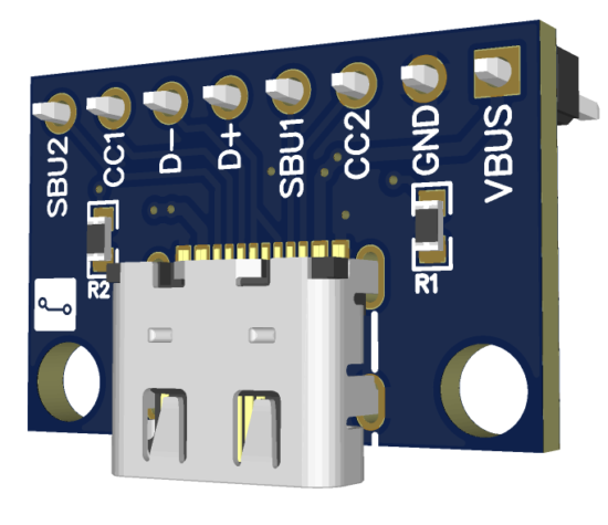 USB Type-C breakout board with 2.54 mm pin headers for breadboard use