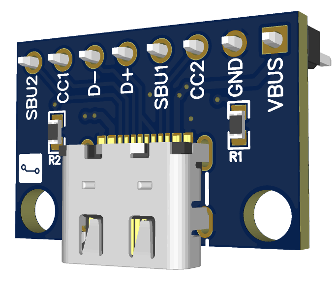 USB Type-C breakout board with 2.54 mm pin headers for breadboard use