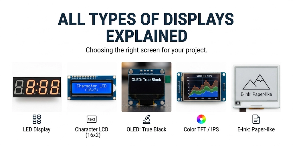 Infographic graphic titled 'All Types of Displays Explained - Choosing the right screen for your project' featuring side-by-side images and icons for five common displays: 7-segment LED display, 16x2 Character LCD, OLED True Black module, Color TFT/IPS screen, and E-Ink paper-like screen on a clean white background.